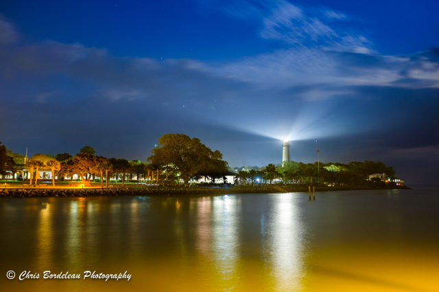 St. Simons Island lighthouse at night.